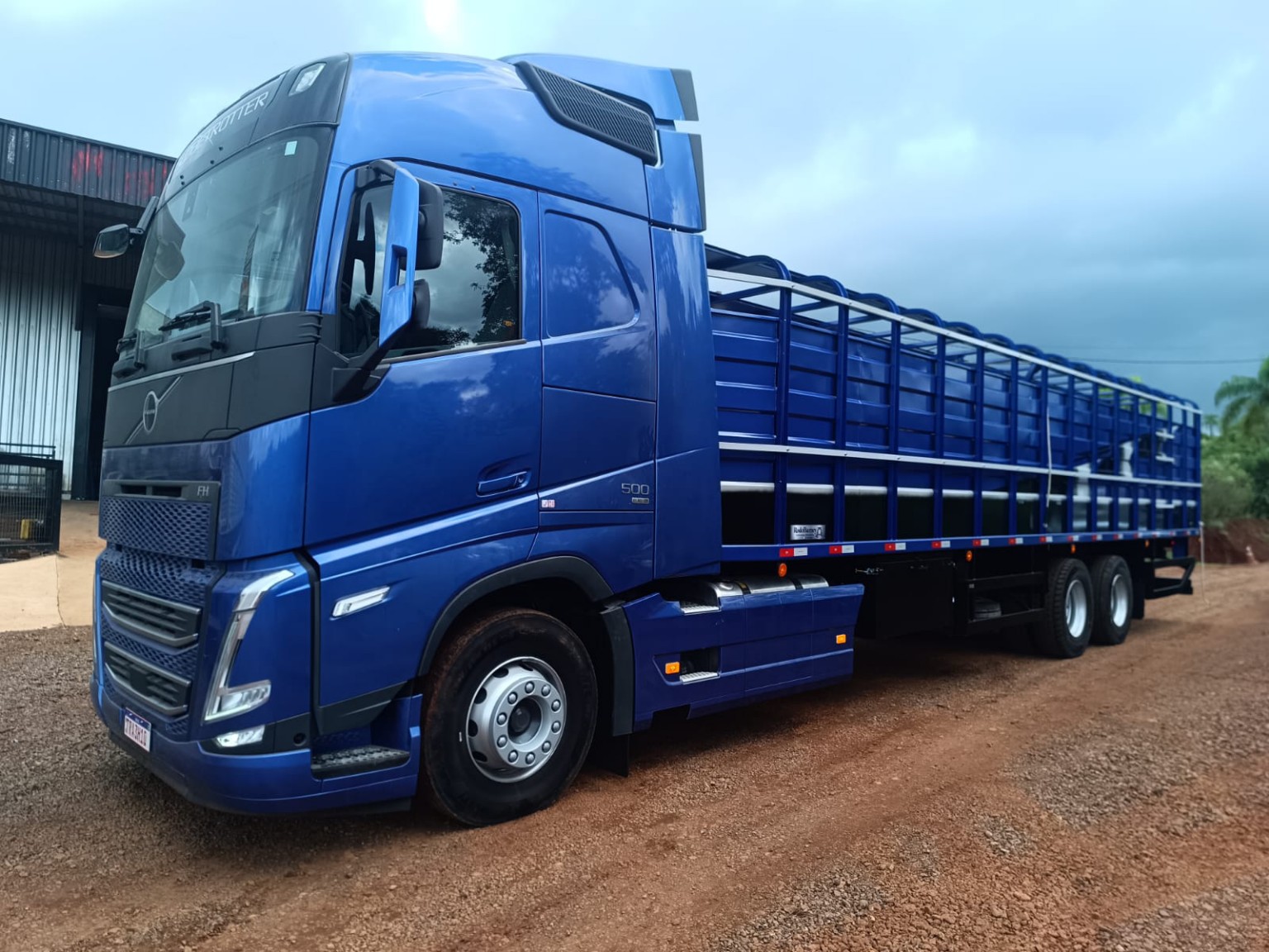 Carroceria boiadeira azul RODOBARNEY instalada em caminhão Volvo